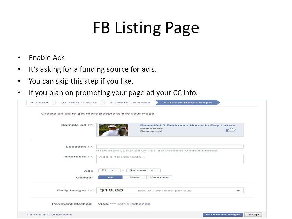 FB Listing Page Enable Ads It’s asking for a funding source for ad’s.