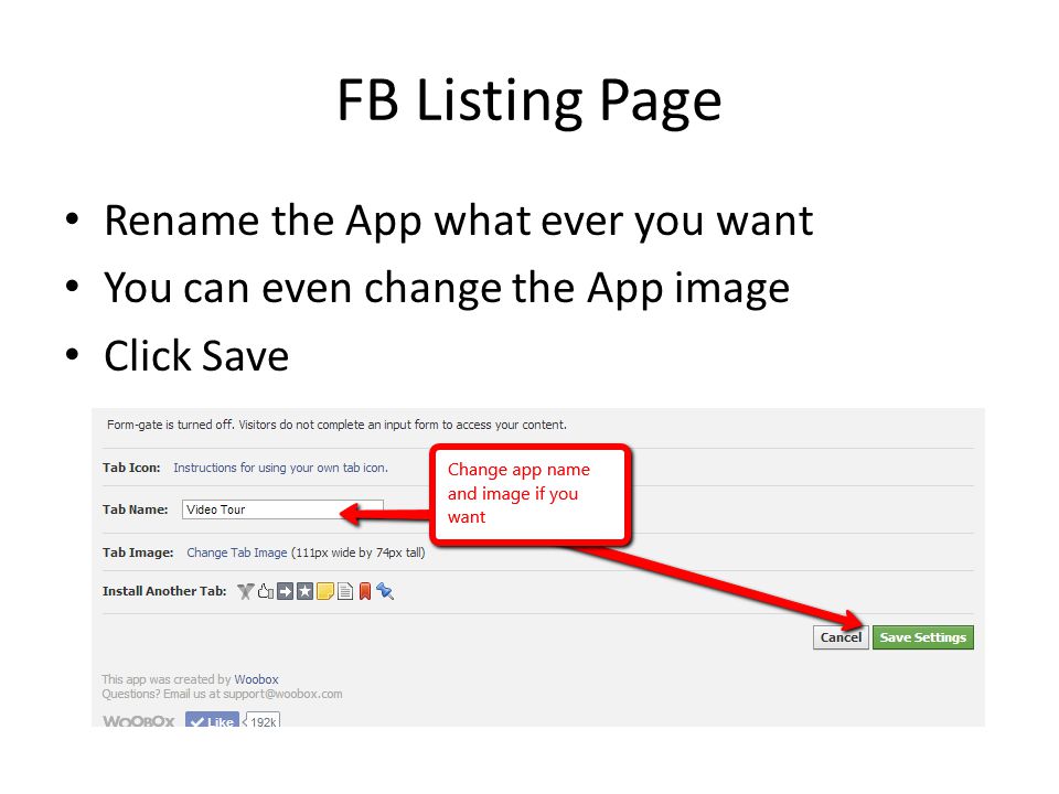 FB Listing Page Rename the App what ever you want You can even change the App image Click Save