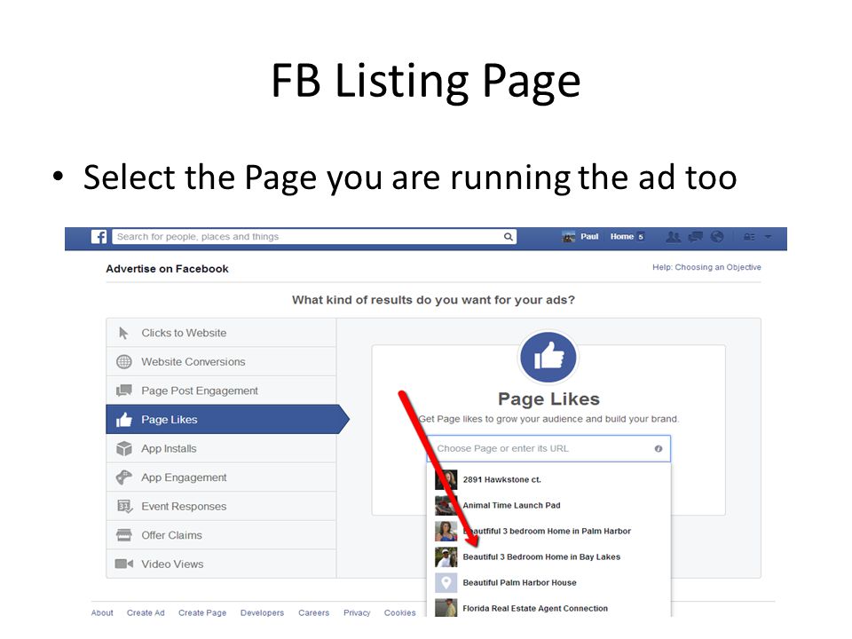 FB Listing Page Select the Page you are running the ad too