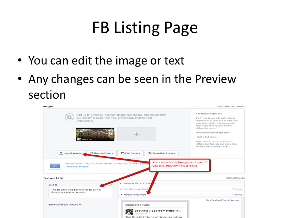 FB Listing Page You can edit the image or text Any changes can be seen in the Preview section