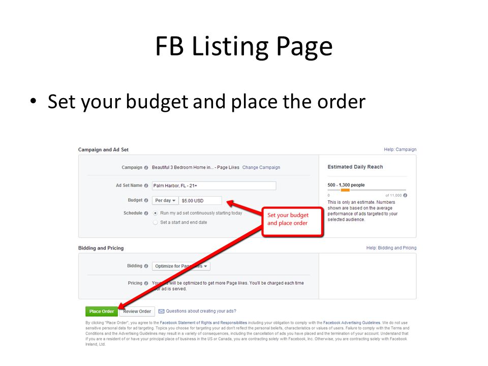 FB Listing Page Set your budget and place the order