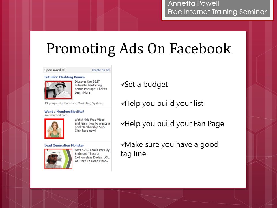 Annetta Powell Free Internet Training Seminar Promoting Ads On Facebook Set a budget Help you build your list Help you build your Fan Page Make sure you have a good tag line