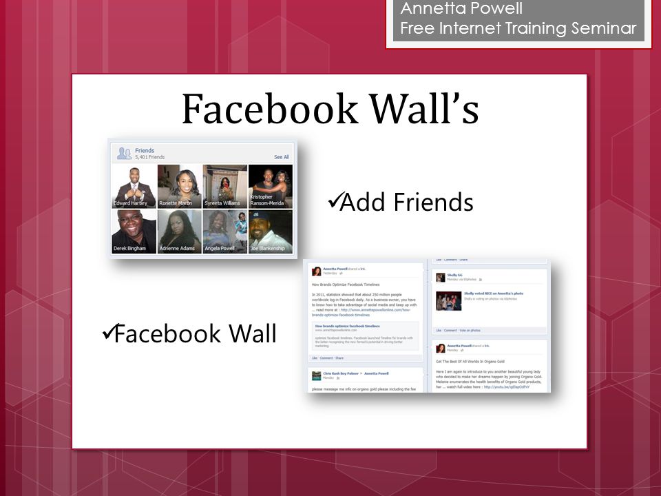 Annetta Powell Free Internet Training Seminar Add Friends Facebook Wall Facebook Wall’s
