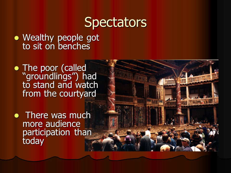 Spectators Wealthy people got to sit on benches Wealthy people got to sit on benches The poor (called groundlings ) had to stand and watch from the courtyard The poor (called groundlings ) had to stand and watch from the courtyard There was much more audience participation than today There was much more audience participation than today