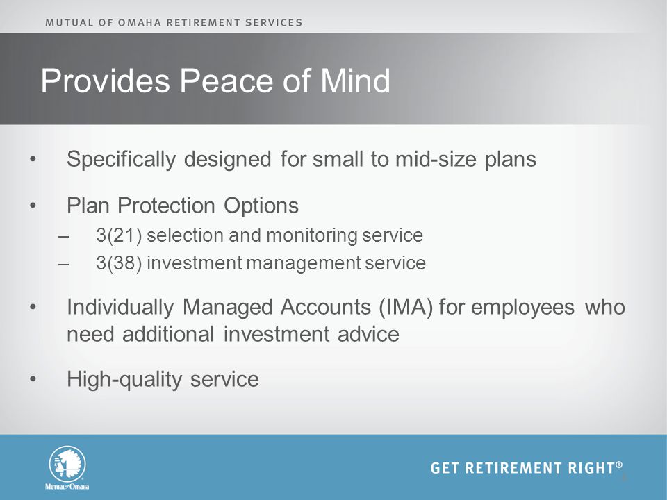 Provides Peace of Mind Specifically designed for small to mid-size plans Plan Protection Options –3(21) selection and monitoring service –3(38) investment management service Individually Managed Accounts (IMA) for employees who need additional investment advice High-quality service 4