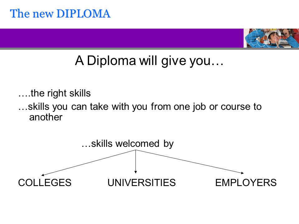 A Diploma will give you… ….the right skills …skills you can take with you from one job or course to another …skills welcomed by COLLEGES UNIVERSITIES EMPLOYERS The new DIPLOMA