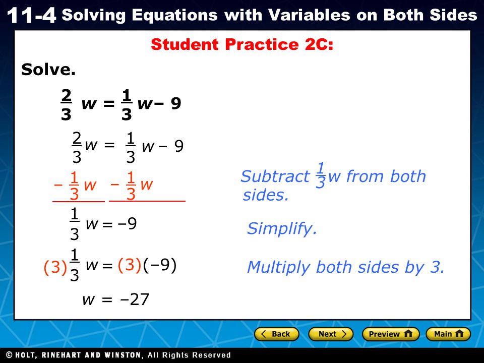 Holt Ca Course Solving Equations With Variables On Both Sides Holt Ca Course 1 11 4 Solving Equations With Variables On Both Sides 2323 W