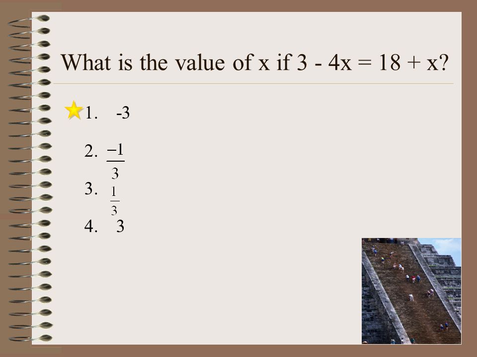 What is the value of x if 3 - 4x = 18 + x