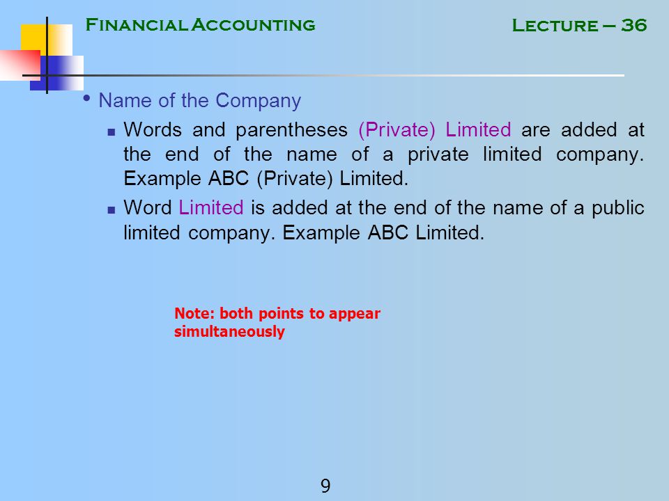 Financial Accounting 8 Lecture – 36 Types of Public Companies Non Listed Company A company whose shares are not traded by general public on a stock exchange.