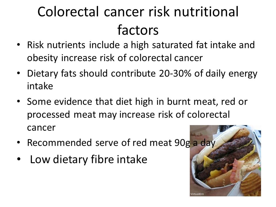 Colorectal cancer risk nutritional factors Risk nutrients include a high saturated fat intake and obesity increase risk of colorectal cancer Dietary fats should contribute 20-30% of daily energy intake Some evidence that diet high in burnt meat, red or processed meat may increase risk of colorectal cancer Recommended serve of red meat 90g a day Low dietary fibre intake