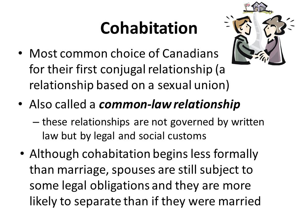 Cohabitation Most common choice of Canadians for their first conjugal relationship (a relationship based on a sexual union) Also called a common-law relationship – these relationships are not governed by written law but by legal and social customs Although cohabitation begins less formally than marriage, spouses are still subject to some legal obligations and they are more likely to separate than if they were married