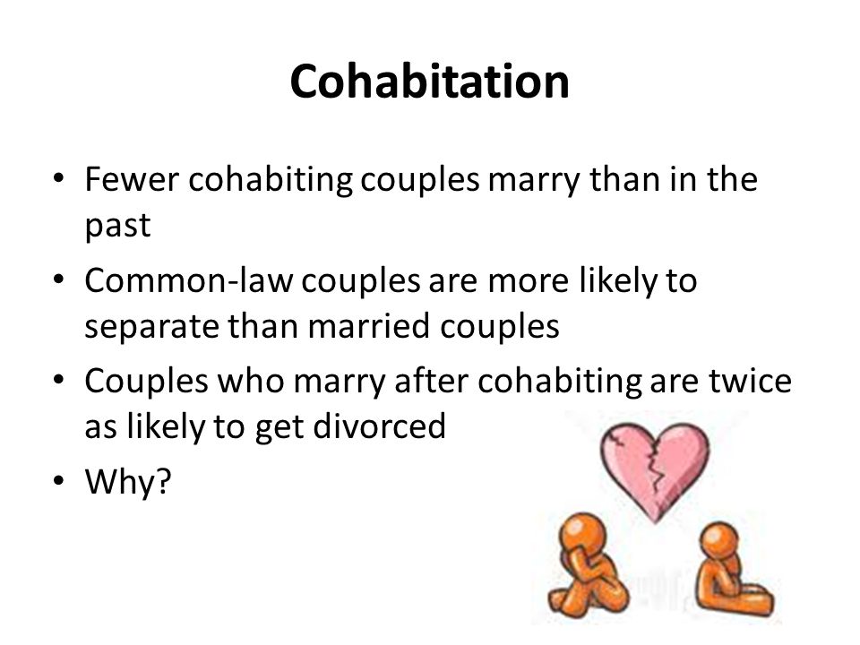 Cohabitation Fewer cohabiting couples marry than in the past Common-law couples are more likely to separate than married couples Couples who marry after cohabiting are twice as likely to get divorced Why