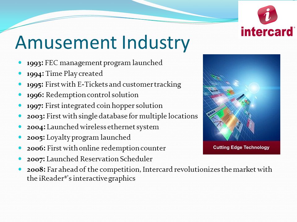 Amusement Industry 1993: FEC management program launched 1994: Time Play created 1995: First with E-Tickets and customer tracking 1996: Redemption control solution 1997: First integrated coin hopper solution 2003: First with single database for multiple locations 2004: Launched wireless ethernet system 2005: Loyalty program launched 2006: First with online redemption counter 2007: Launched Reservation Scheduler 2008: Far ahead of the competition, Intercard revolutionizes the market with the iReader® s interactive graphics
