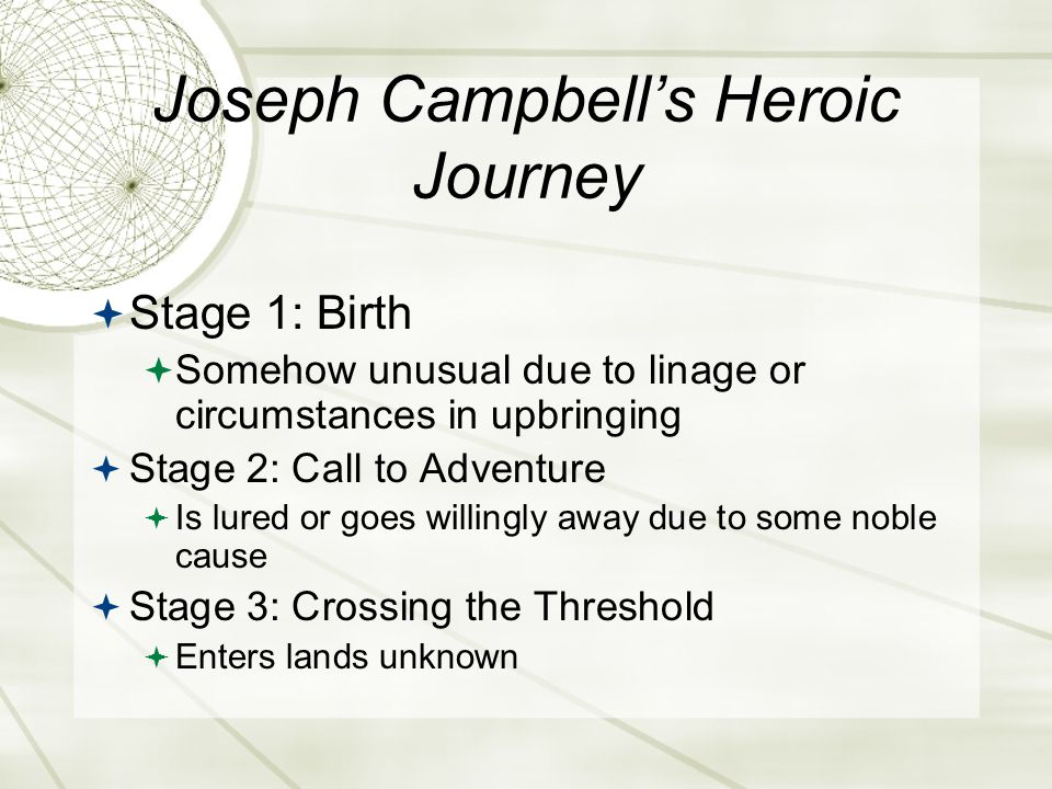 Joseph Campbell’s Heroic Journey  Stage 1: Birth  Somehow unusual due to linage or circumstances in upbringing  Stage 2: Call to Adventure  Is lured or goes willingly away due to some noble cause  Stage 3: Crossing the Threshold  Enters lands unknown