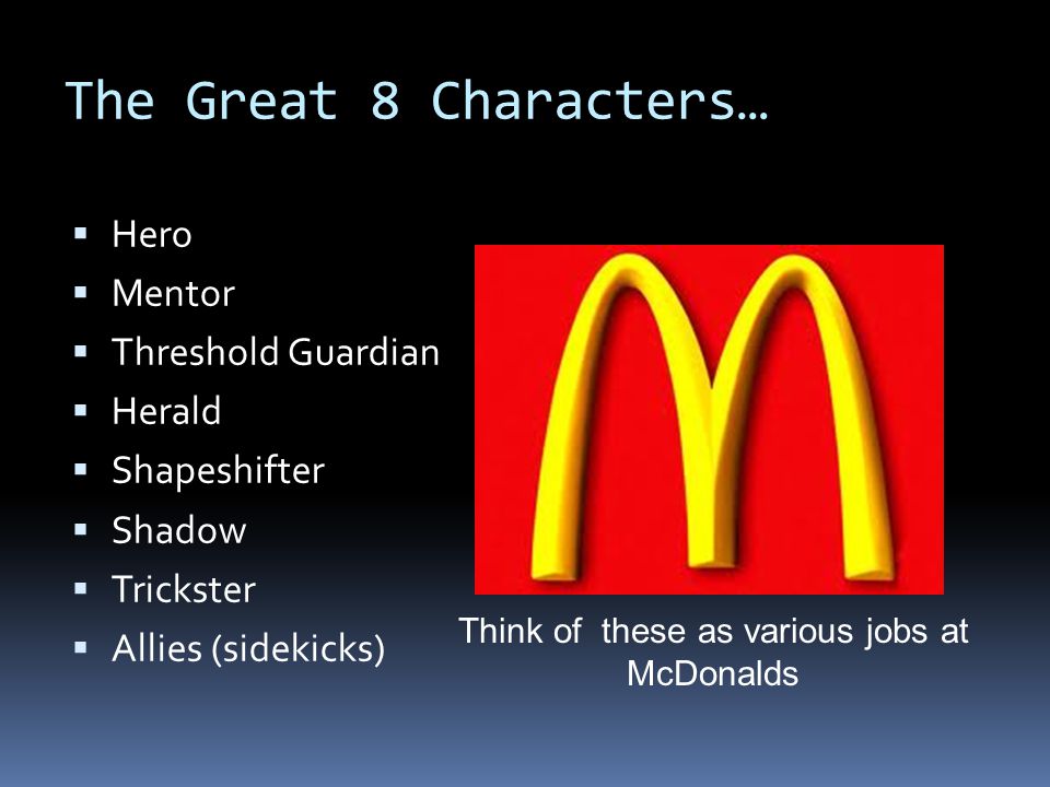 The Great 8 Characters…  Hero  Mentor  Threshold Guardian  Herald  Shapeshifter  Shadow  Trickster  Allies (sidekicks) Think of these as various jobs at McDonalds
