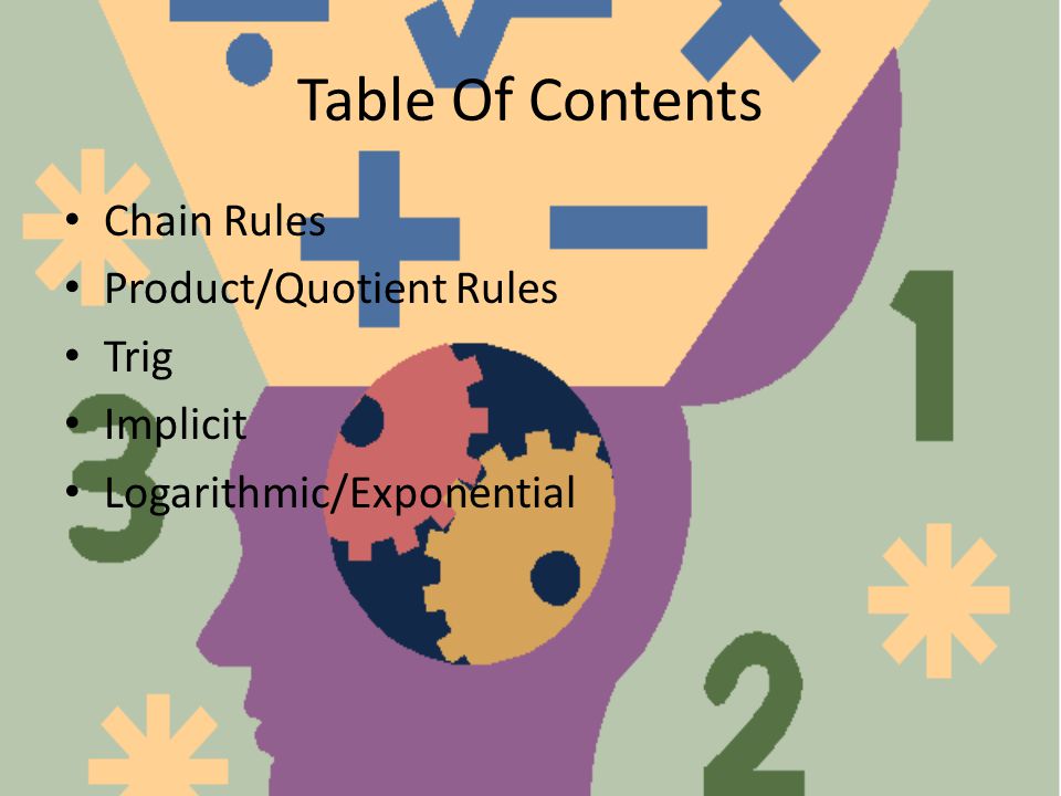 Table Of Contents Chain Rules Product/Quotient Rules Trig Implicit Logarithmic/Exponential