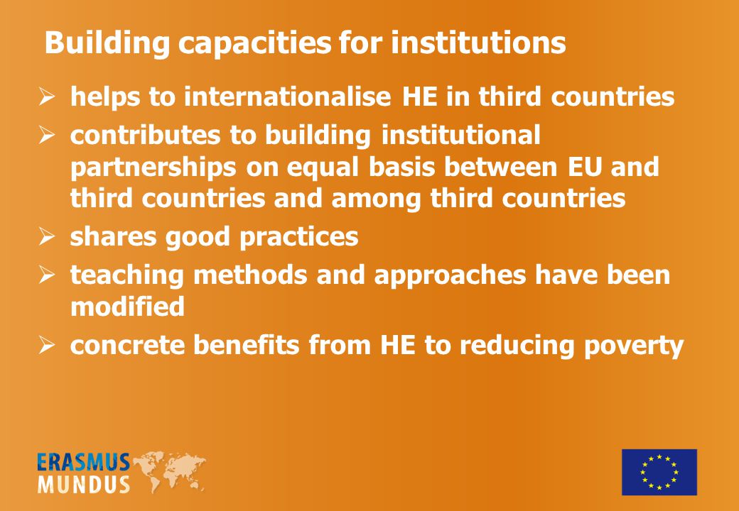 Building capacities for institutions  helps to internationalise HE in third countries  contributes to building institutional partnerships on equal basis between EU and third countries and among third countries  shares good practices  teaching methods and approaches have been modified  concrete benefits from HE to reducing poverty