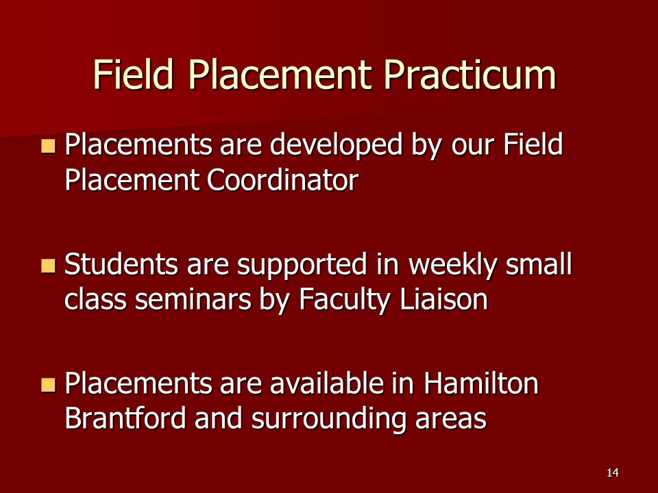 14 Field Placement Practicum Placements are developed by our Field Placement Coordinator Placements are developed by our Field Placement Coordinator Students are supported in weekly small class seminars by Faculty Liaison Students are supported in weekly small class seminars by Faculty Liaison Placements are available in Hamilton Brantford and surrounding areas Placements are available in Hamilton Brantford and surrounding areas