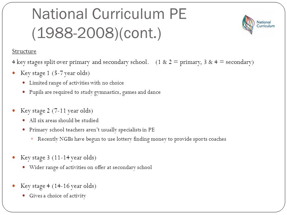 National Curriculum PE ( )(cont.) Structure 4 key stages split over primary and secondary school.