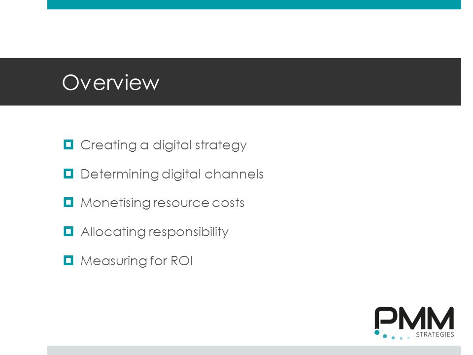 Overview  Creating a digital strategy  Determining digital channels  Monetising resource costs  Allocating responsibility  Measuring for ROI