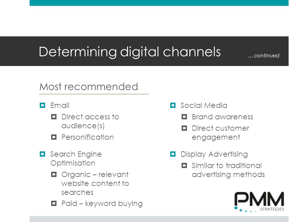 Determining digital channels Most recommended    Direct access to audience(s)  Personification  Search Engine Optimisation  Organic – relevant website content to searches  Paid – keyword buying  Social Media  Brand awareness  Direct customer engagement  Display Advertising  Similar to traditional advertising methods … continued