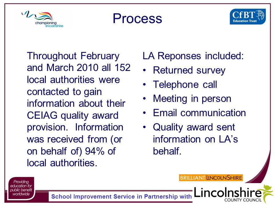 School Improvement Service in Partnership with Process Throughout February and March 2010 all 152 local authorities were contacted to gain information about their CEIAG quality award provision.