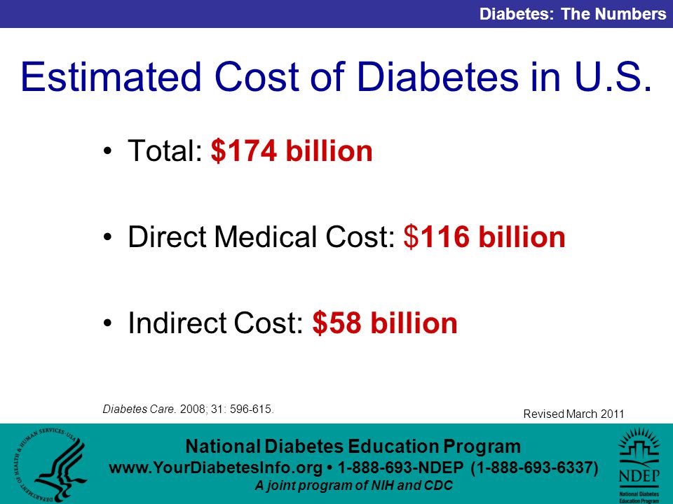 National Diabetes Education Program NDEP ( ) A joint program of NIH and CDC Diabetes: The Numbers Revised March 2011 Estimated Cost of Diabetes in U.S.