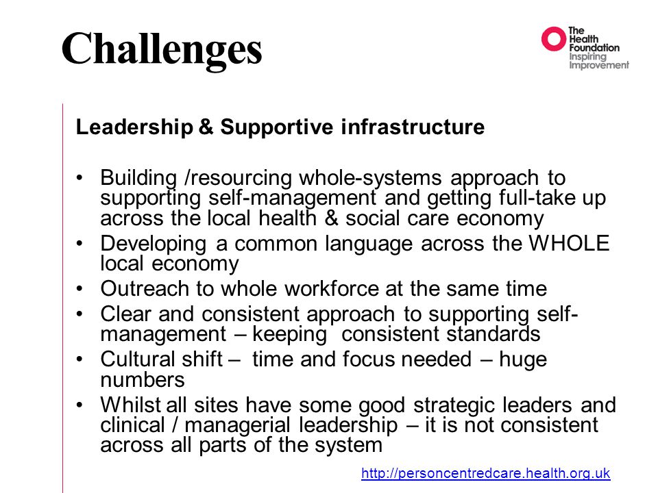 Challenges Leadership & Supportive infrastructure Building /resourcing whole-systems approach to supporting self-management and getting full-take up across the local health & social care economy Developing a common language across the WHOLE local economy Outreach to whole workforce at the same time Clear and consistent approach to supporting self- management – keeping consistent standards Cultural shift – time and focus needed – huge numbers Whilst all sites have some good strategic leaders and clinical / managerial leadership – it is not consistent across all parts of the system