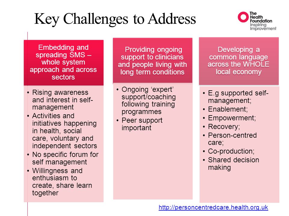 Key Challenges to Address Embedding and spreading SMS – whole system approach and across sectors Rising awareness and interest in self- management Activities and initiatives happening in health, social care, voluntary and independent sectors No specific forum for self management Willingness and enthusiasm to create, share learn together Providing ongoing support to clinicians and people living with long term conditions Ongoing ‘expert’ support/coaching following training programmes Peer support important Developing a common language across the WHOLE local economy E.g supported self- management; Enablement; Empowerment; Recovery; Person-centred care; Co-production; Shared decision making