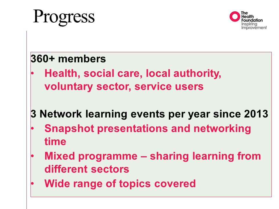 Progress 360+ members Health, social care, local authority, voluntary sector, service users 3 Network learning events per year since 2013 Snapshot presentations and networking time Mixed programme – sharing learning from different sectors Wide range of topics covered