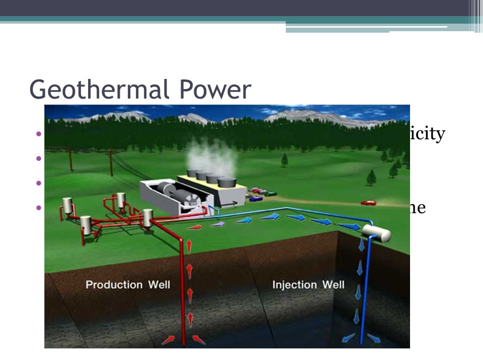 Geothermal Power Uses the heat of the Earth to generate electricity Has an efficiency of 16% Low to no pollution Can only be used where magma is close to the surface