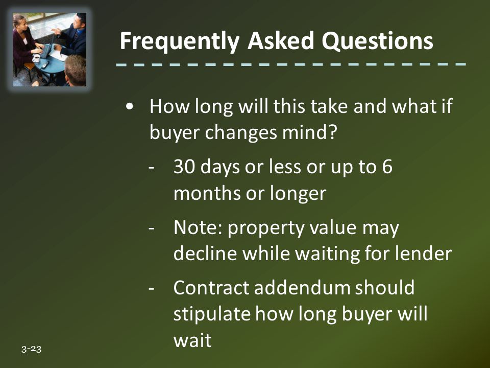 Frequently Asked Questions 3-23 How long will this take and what if buyer changes mind.