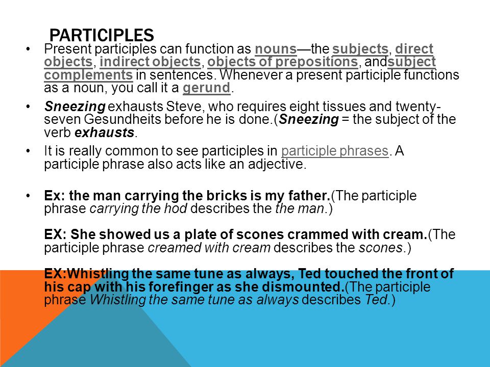 PARTICIPLES Present participles can function as nouns—the subjects, direct objects, indirect objects, objects of prepositions, andsubject complements in sentences.