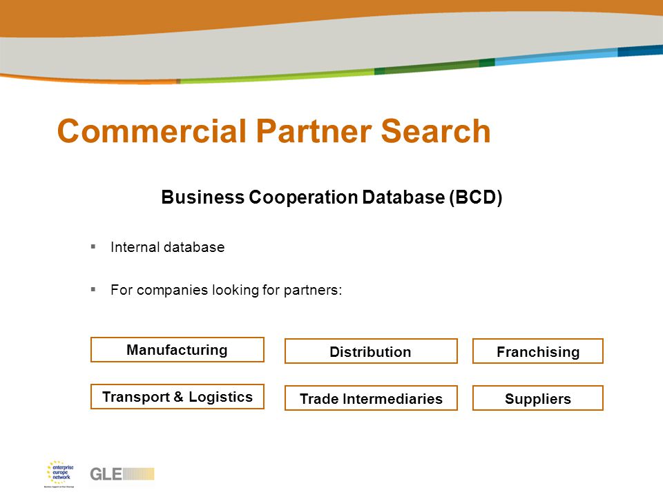 Commercial Partner Search Business Cooperation Database (BCD)  Internal database  For companies looking for partners: Manufacturing DistributionFranchising Transport & Logistics Trade IntermediariesSuppliers