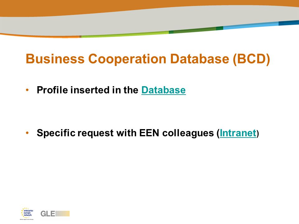 Business Cooperation Database (BCD) Profile inserted in the DatabaseDatabase Specific request with EEN colleagues (Intranet )Intranet