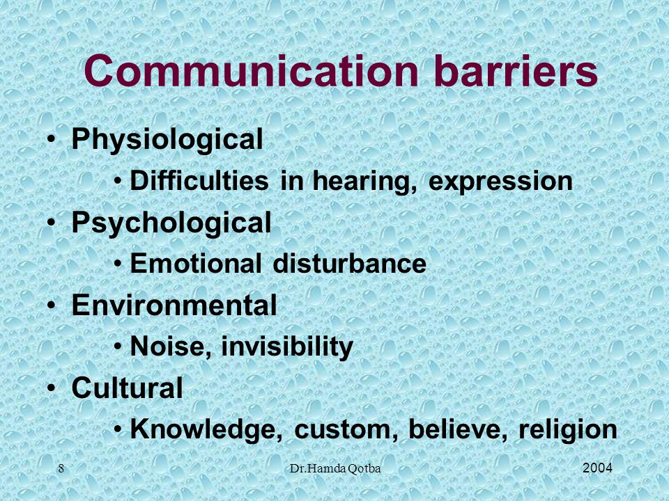 2004Dr.Hamda Qotba8 Communication barriers Physiological Difficulties in hearing, expression Psychological Emotional disturbance Environmental Noise, invisibility Cultural Knowledge, custom, believe, religion