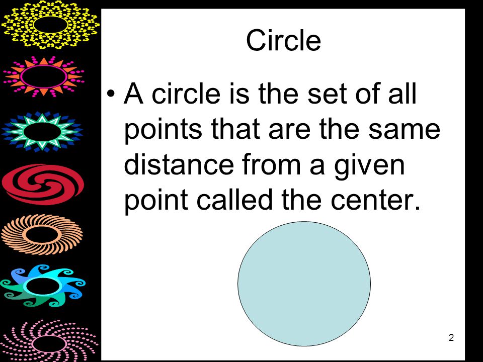 2 Circle A circle is the set of all points that are the same distance from a given point called the center.