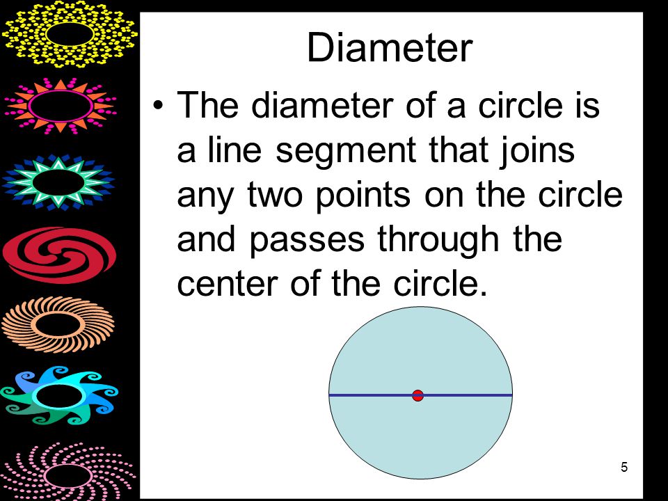 5 Diameter The diameter of a circle is a line segment that joins any two points on the circle and passes through the center of the circle.