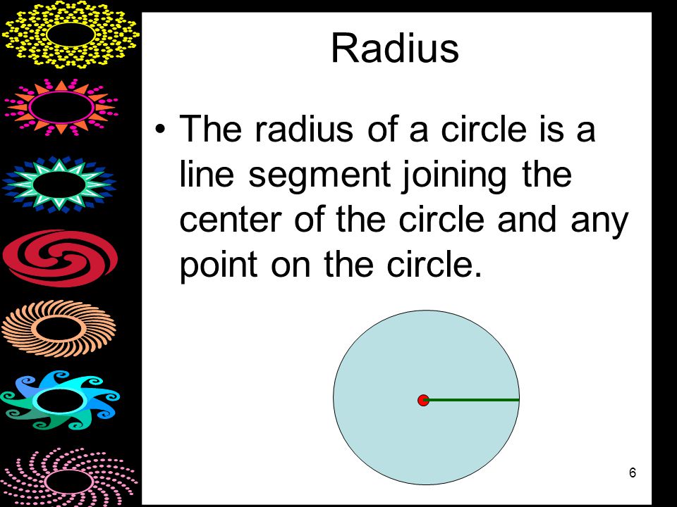 6 Radius The radius of a circle is a line segment joining the center of the circle and any point on the circle.