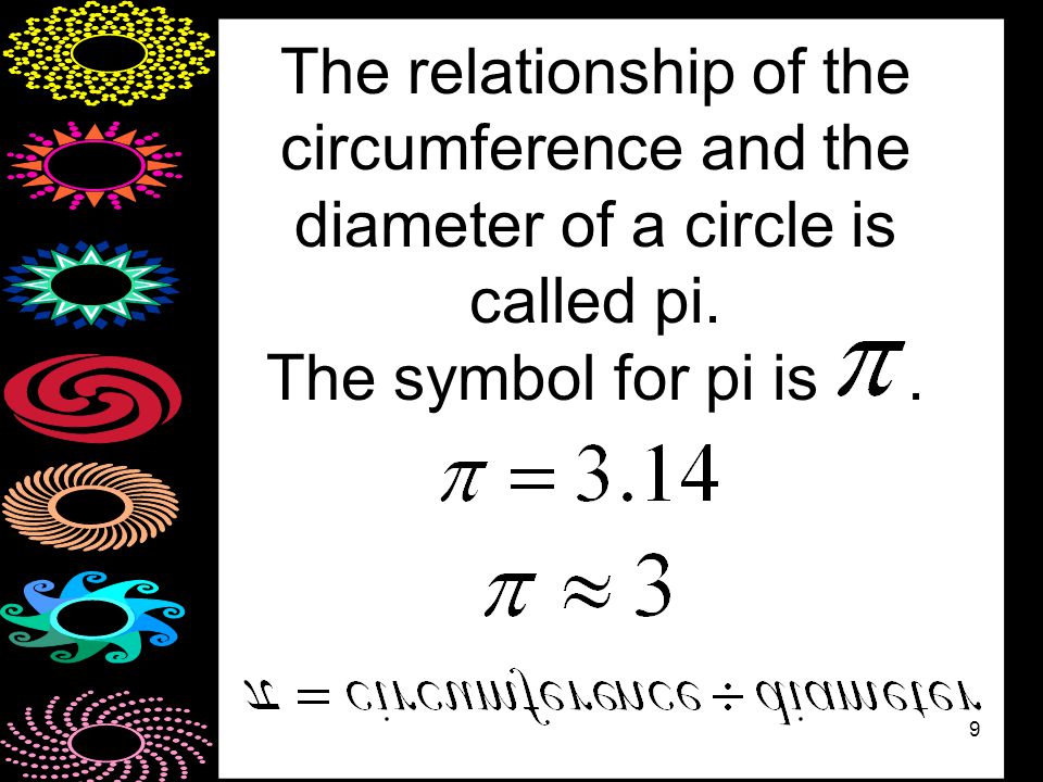 9 The relationship of the circumference and the diameter of a circle is called pi.