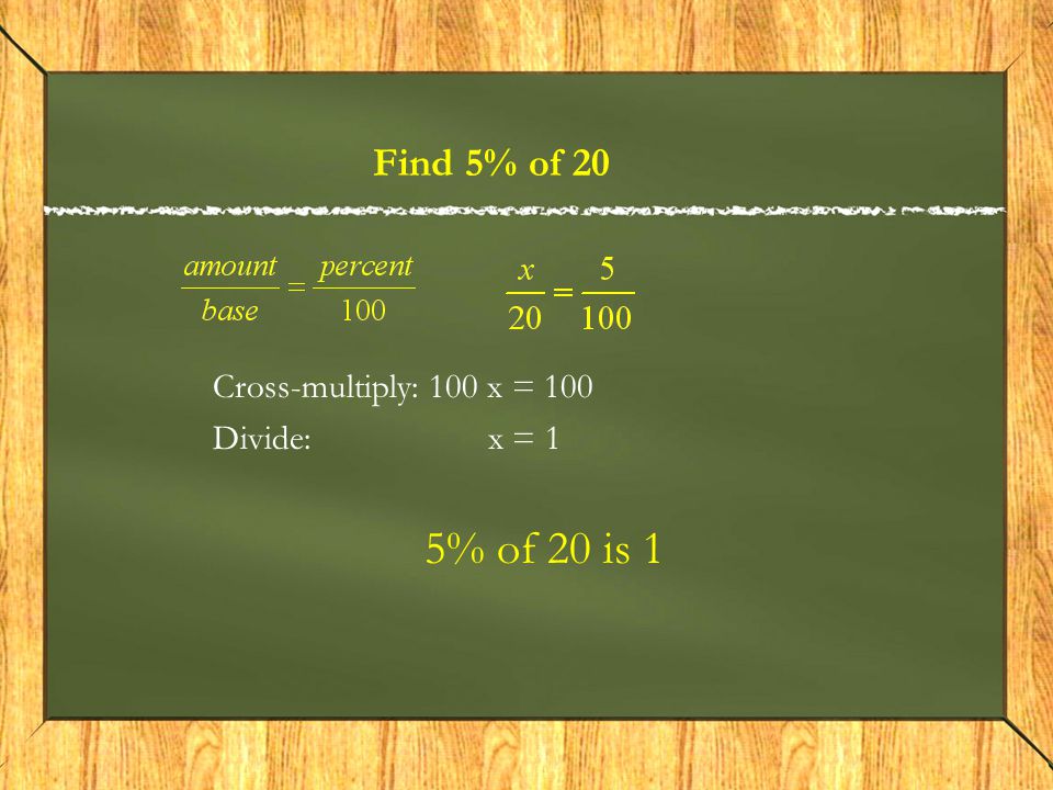 Find 5% of 20 Cross-multiply: 100 x = 100 Divide: x = 1 5% of 20 is 1