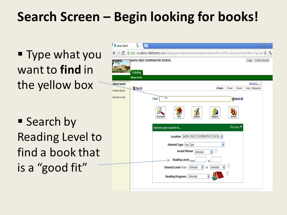 Search Screen – Begin looking for books.