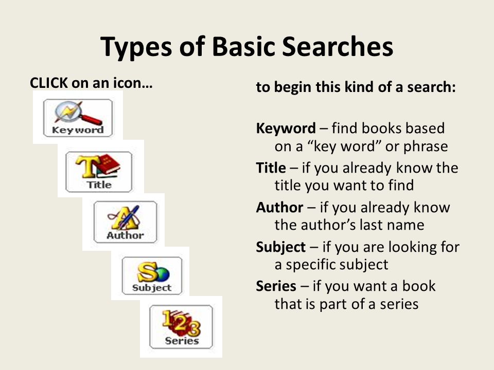 Types of Basic Searches CLICK on an icon… to begin this kind of a search: Keyword – find books based on a key word or phrase Title – if you already know the title you want to find Author – if you already know the author’s last name Subject – if you are looking for a specific subject Series – if you want a book that is part of a series