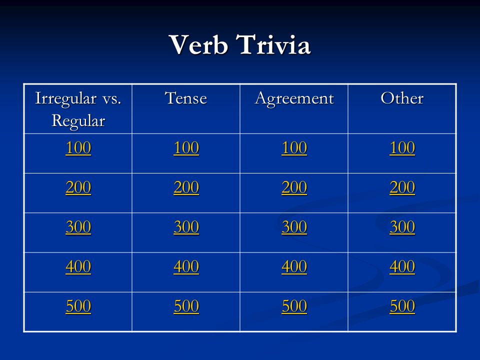 Verb Trivia Irregular vs. Regular TenseAgreementOther
