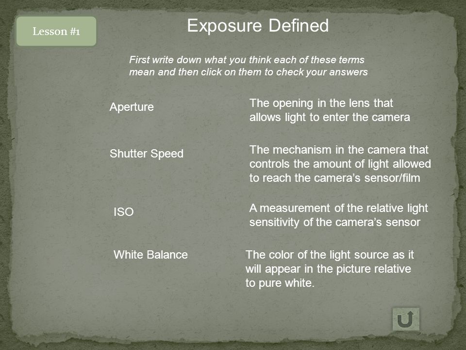 Exposure Defined Aperture Shutter Speed ISO White Balance The opening in the lens that allows light to enter the camera The mechanism in the camera that controls the amount of light allowed to reach the camera’s sensor/film A measurement of the relative light sensitivity of the camera’s sensor The color of the light source as it will appear in the picture relative to pure white.