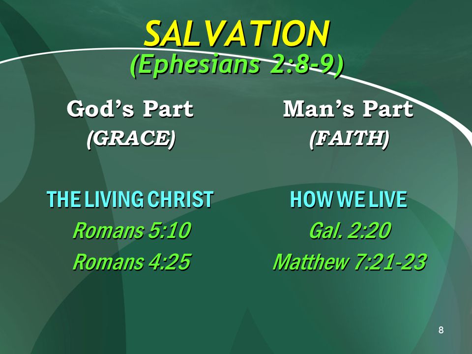 8 SALVATION (Ephesians 2:8-9) God’s Part (GRACE) THE LIVING CHRIST Romans 5:10 Romans 4:25 God’s Part (GRACE) THE LIVING CHRIST Romans 5:10 Romans 4:25 Man’s Part (FAITH) HOW WE LIVE Gal.