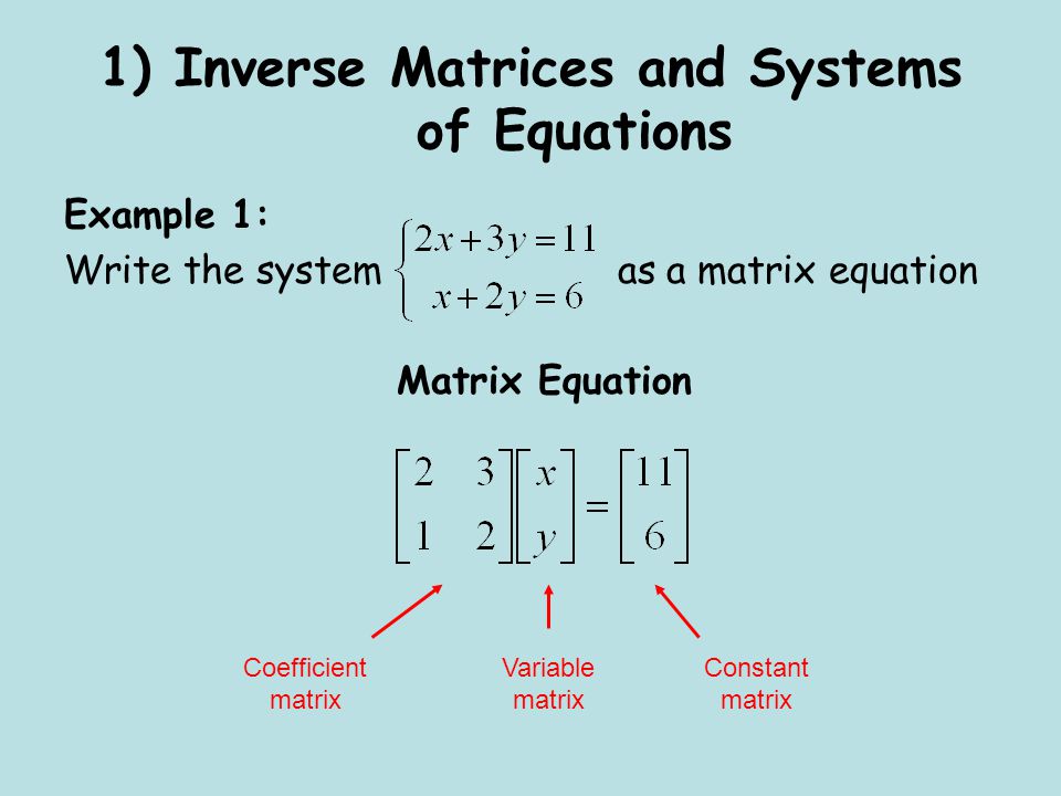 1) Inverse Matrices and Systems of Equations Example 1: Write the system as a matrix equation Matrix Equation Coefficient matrix Constant matrix Variable matrix