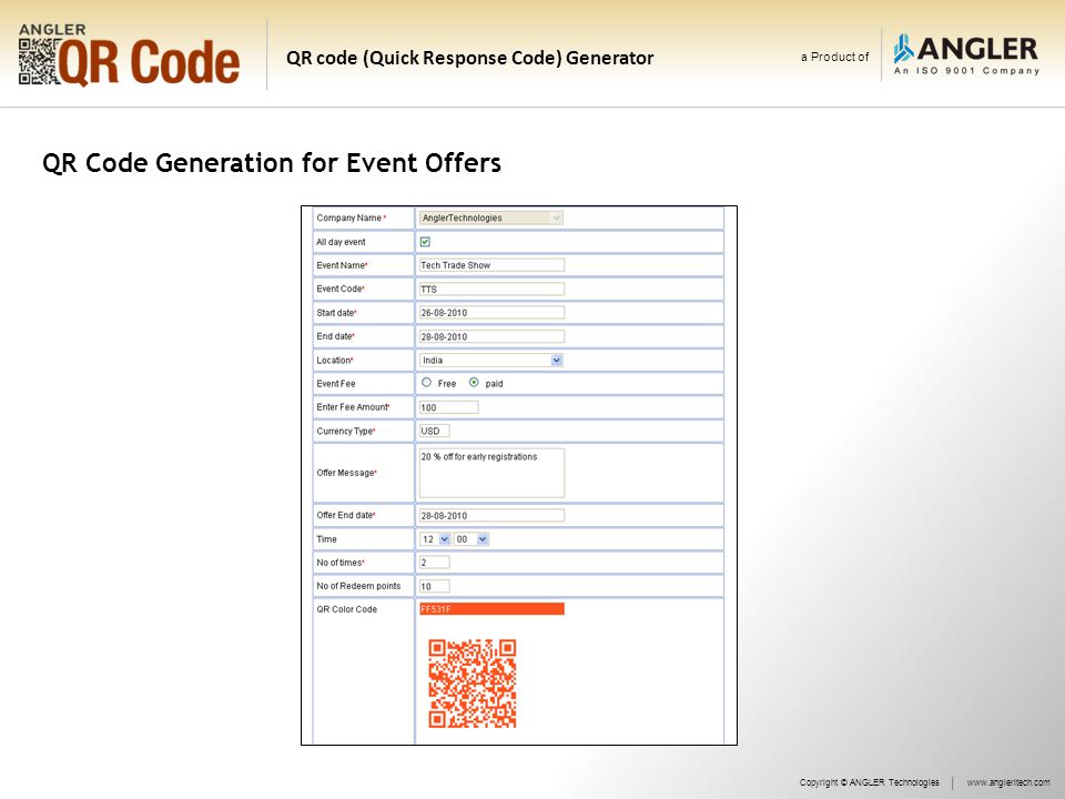 a Product of QR code (Quick Response Code) Generator QR Code Generation for Event Offers Copyright © ANGLER Technologieswww.angleritech.com