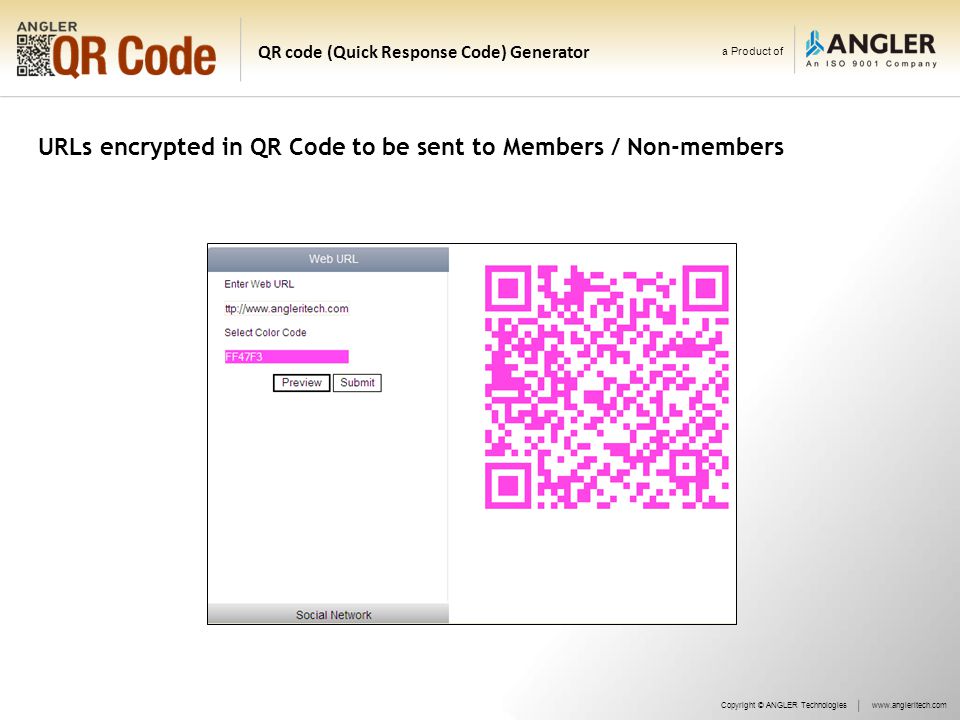 a Product of QR code (Quick Response Code) Generator URLs encrypted in QR Code to be sent to Members / Non-members Copyright © ANGLER Technologieswww.angleritech.com