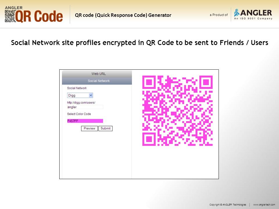 a Product of QR code (Quick Response Code) Generator Social Network site profiles encrypted in QR Code to be sent to Friends / Users Copyright © ANGLER Technologieswww.angleritech.com